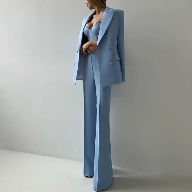 Nouveau bleu clair émeraude Violet Options de couleur haut bustier Flare pantalon Blazer costume tempérament trajet trois pièces femmes tenue
