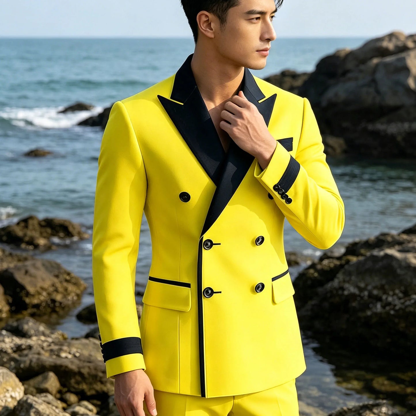 Blazer de costume élégant pour homme en serge, classique, croisé, coupe ajustée, avec revers à pointe noirs, veste formelle pour affaires, décontracté ou soirée