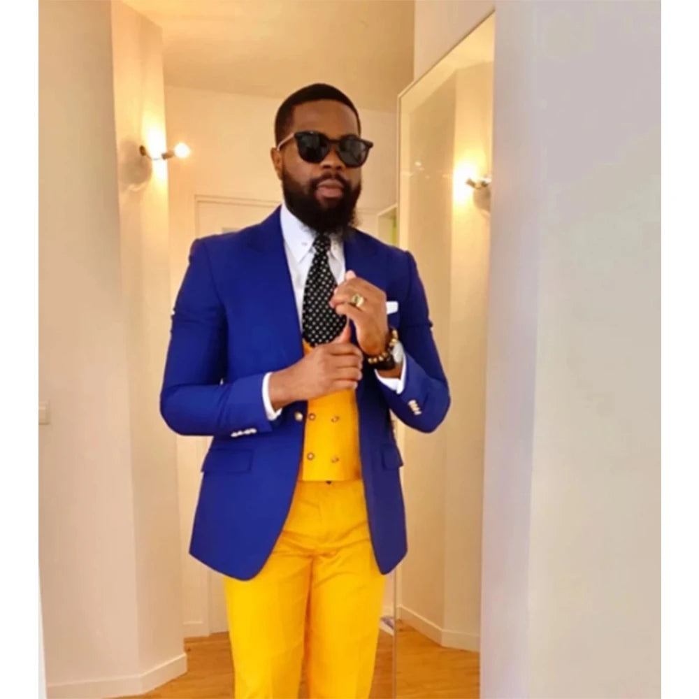 Costume 3 Pièces Bleu Royal pour Homme, Veste avec Pantalon Jaune, Coupe Slim, Blazer de Bal de Promo, pour ixde Mariage