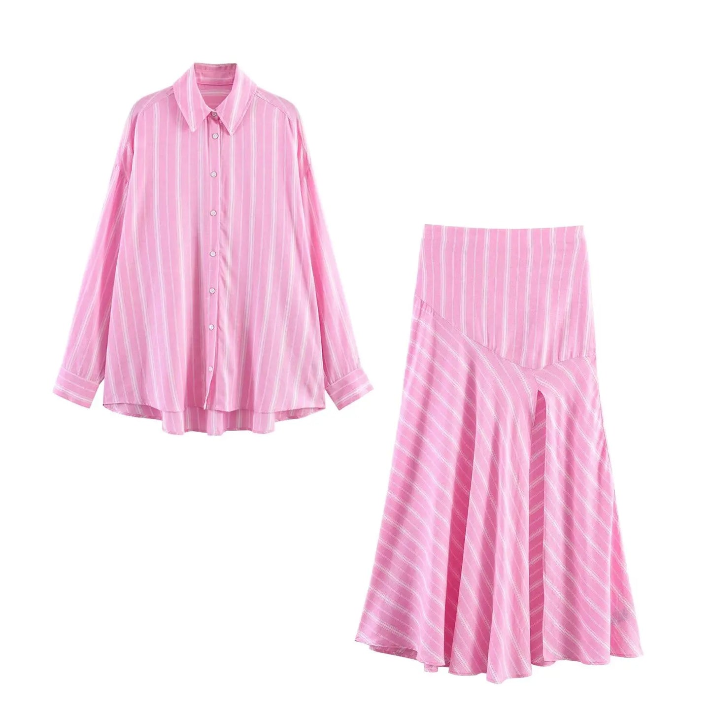 TFMLN 2026 Ensemble jupe et chemise mode femme, chemise rose à rayures à manches longues, col à revers et simple boutonnage, et jupe longue plissée à empiècements
