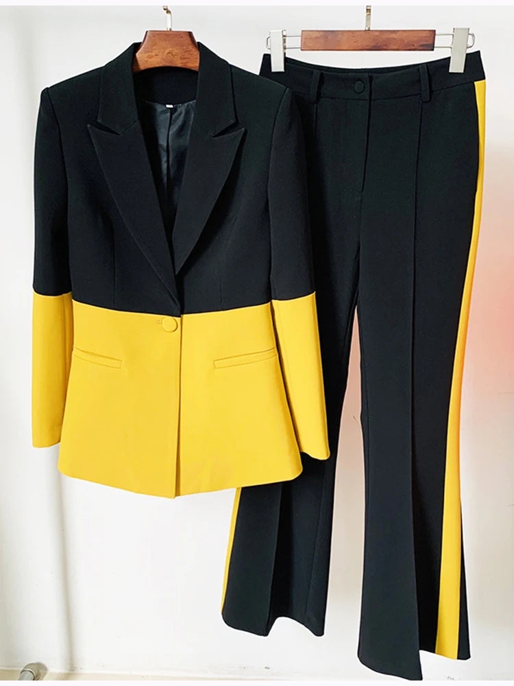 Ensemble de costume de créateur HIGH STREET, nouvelle collection 2026, pour femme, blazer à bouton unique, bloc de couleur, pantalon évasé