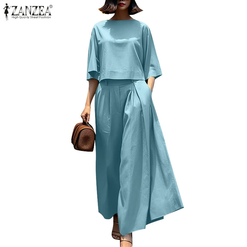 Mode été 3/4 manches Blouse pantalon costumes ZANZEA élégant femmes pantalons à jambes larges ensembles 2 pièces tenues décontractées travail OL survêtement