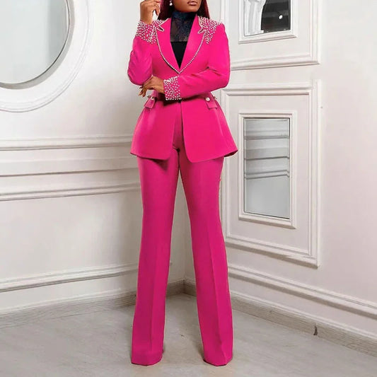 Blazer et pantalon à jambes larges pour femmes, ensembles assortis, manteau en perles d'affaires, olympiques formels élégants, luxe, dame de bureau, club, ensemble de 2 pièces