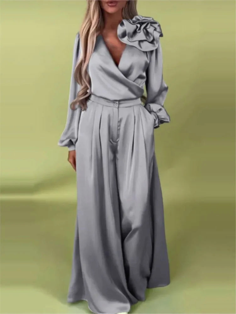 Costume décontracté de couleur unie pour femmes, magnifique et élégant, col en v, haut à manches longues, pantalon à jambes larges, ensemble deux pièces