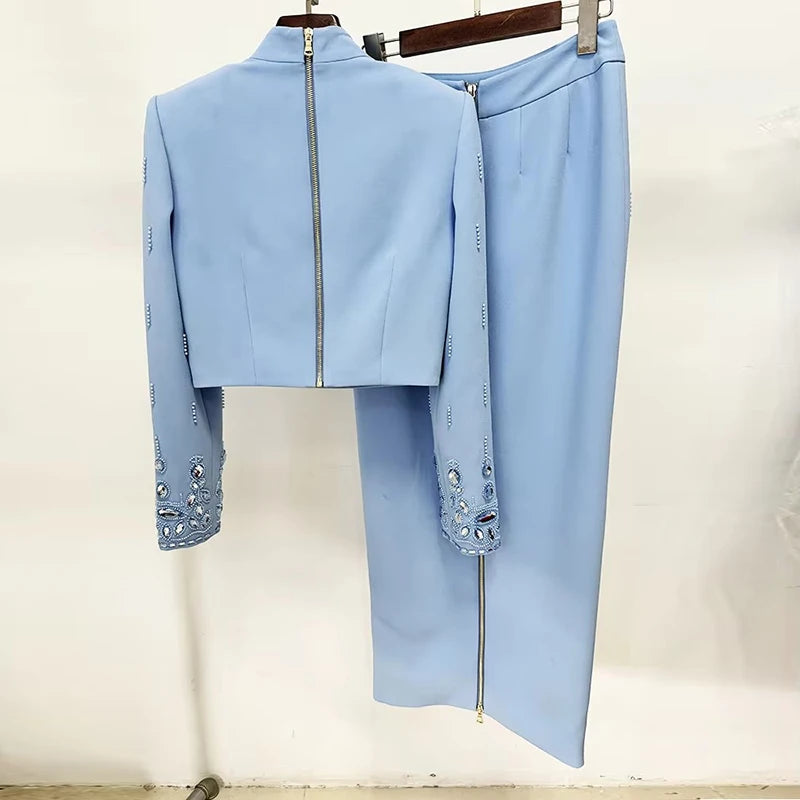 HIGH STREET Nouvelle Collection 2026 Ensemble de Créateur de Défilé de Mode pour Femme, Haut court à col montant et fermeture éclair au dos, et Jupe longue, 2 pièces
