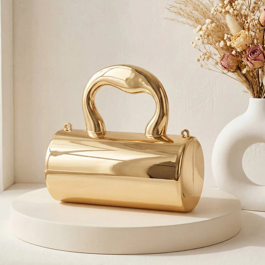 Pochette cylindrique mini élégante en acrylique doré, scintillante, pour soirées/fêtes, sac de luxe pour femmes, à porter à l'épaule ou en bandoulière