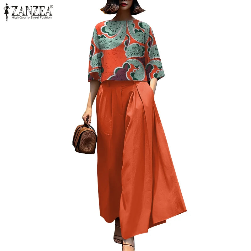 Mode été 3/4 manches Blouse pantalon costumes ZANZEA élégant femmes pantalons à jambes larges ensembles 2 pièces tenues décontractées travail OL survêtement