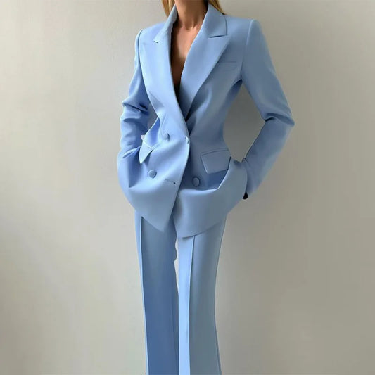 Nouveau bleu clair émeraude Violet Options de couleur haut bustier Flare pantalon Blazer costume tempérament trajet trois pièces femmes tenue