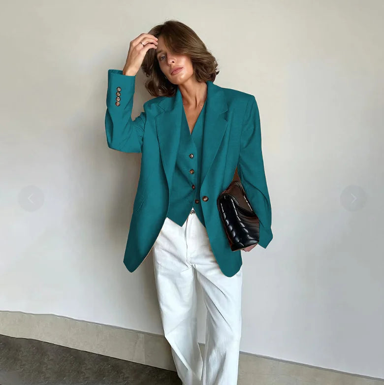 Slim Fit Women's Suits Linen Three Pieces Pant Sets High-end Single Button Notch Lapel Blazer Elegant Daily Business Office Wear