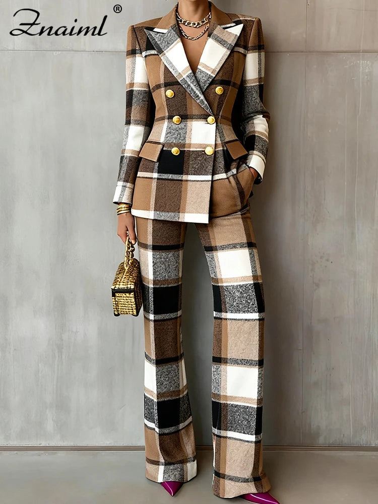 Znaiml Chic Plaid imprimé mince femmes Blazer costume revers à manches longues veste et taille haute pantalon droit 2 pièces ensemble bureau