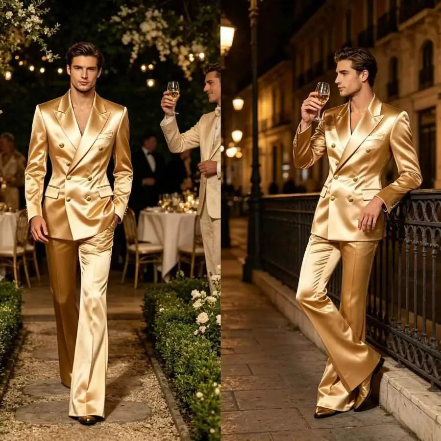 Ensemble de costume satiné croisé pour homme, 2 pièces, revers cranté, blazer à boutons dorés, pantalon évasé, tenue formelle pour mariage, bal de promo, soirée, ou marié