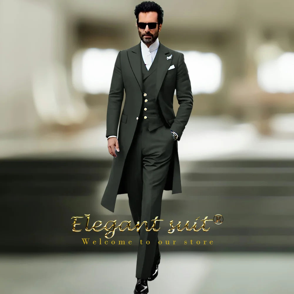 Costume long à revers de pistolet pour hommes, gilet et pantalon, costume 3 pièces, costume ajusté élégant personnalisé pour fête, banquet, célébration, mariage