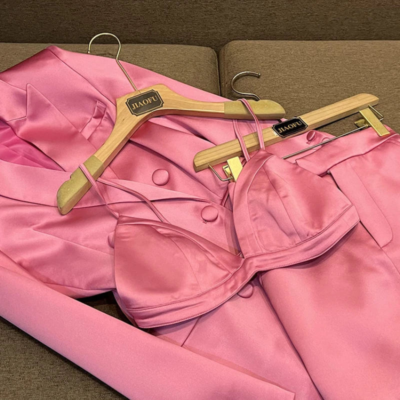 Blazer Slim Fit en satin rose, jupe couvrant les hanches, à la mode, ensemble deux pièces