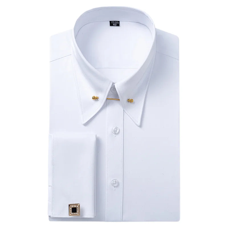 Boutons de manchette français brodés pour hommes, chemise à manches longues avec épingles à col, chemise habillée à grand col pour vêtements de cérémonie d'affaires, Gentlema