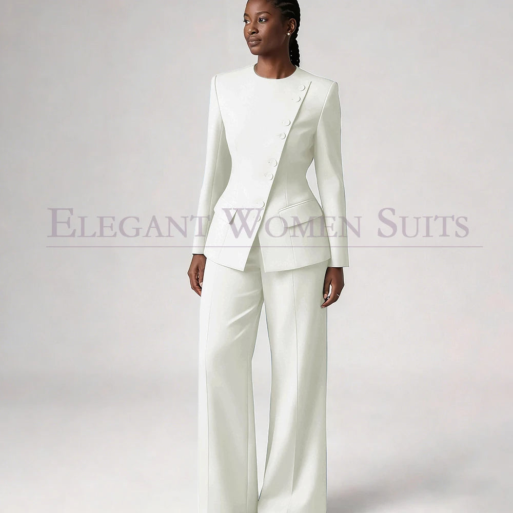 Costume de mode pour femme, blazer à simple boutonnage, col rond, longueur standard, ensemble 2 pièces veste et pantalon, tenue formelle de luxe
