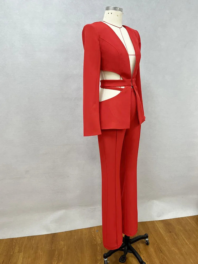 Ensembles de pantalons baggy trempés pour femmes, blazers courts à revers, veste d'automne, manches longues, taille basse, évider, fjgy, 2 pièces