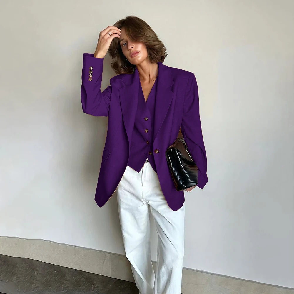 Slim Fit Women's Suits Linen Three Pieces Pant Sets High-end Single Button Notch Lapel Blazer Elegant Daily Business Office Wear