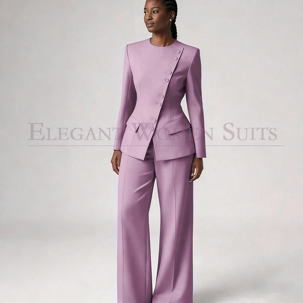 Costume de mode pour femme, blazer à simple boutonnage, col rond, longueur standard, ensemble 2 pièces veste et pantalon, tenue formelle de luxe