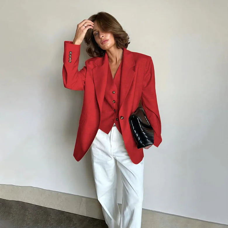Slim Fit Women's Suits Linen Three Pieces Pant Sets High-end Single Button Notch Lapel Blazer Elegant Daily Business Office Wear