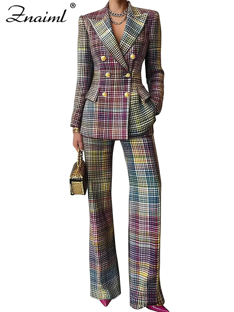 Znaiml Chic Plaid imprimé mince femmes Blazer costume revers à manches longues veste et taille haute pantalon droit 2 pièces ensemble bureau
