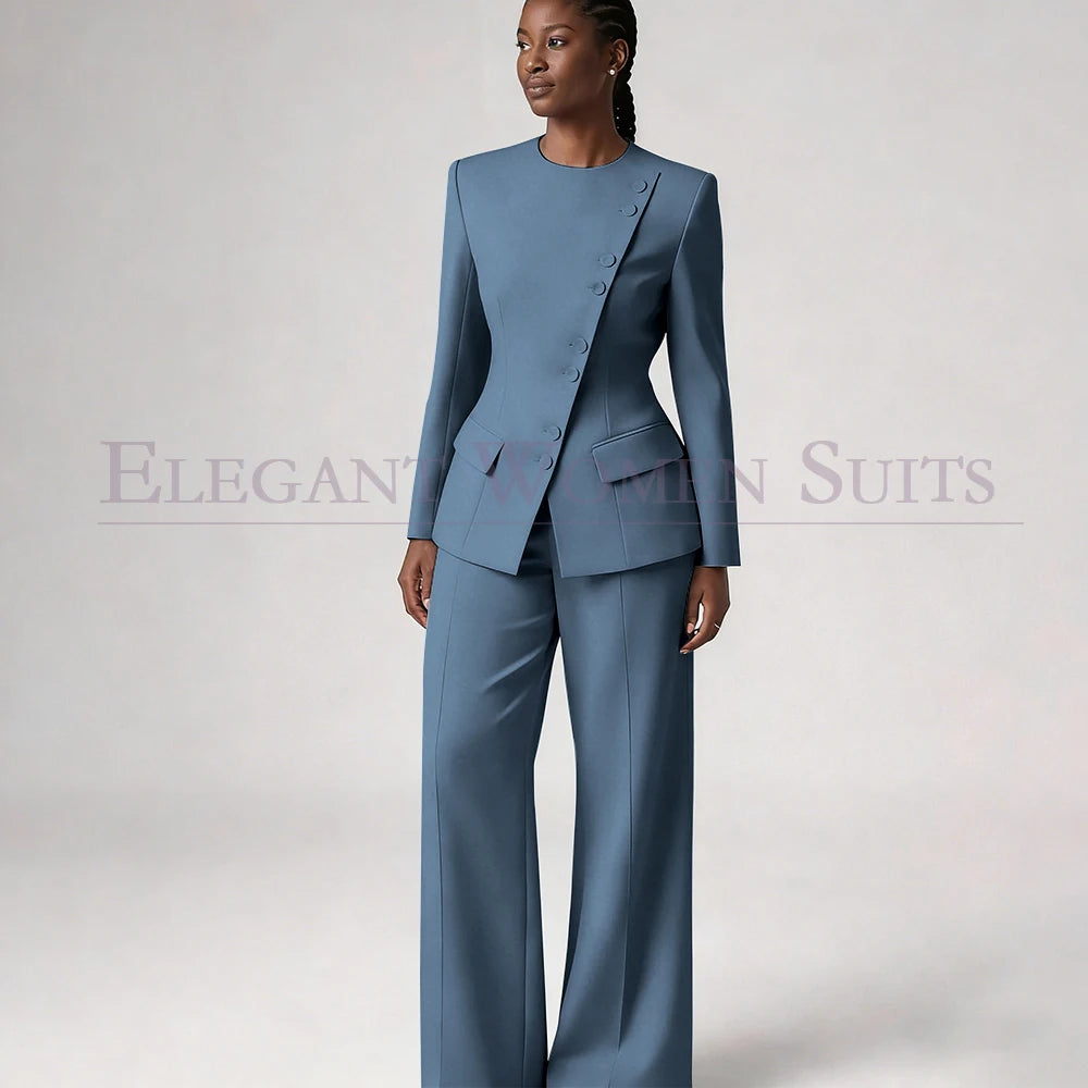Costume de mode pour femme, blazer à simple boutonnage, col rond, longueur standard, ensemble 2 pièces veste et pantalon, tenue formelle de luxe