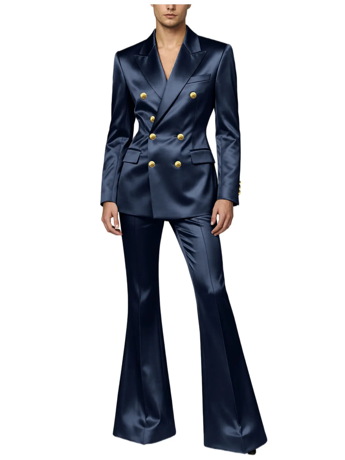 Ensemble de costume satiné croisé pour homme, 2 pièces, revers cranté, blazer à boutons dorés, pantalon évasé, tenue formelle pour mariage, bal de promo, soirée, ou marié