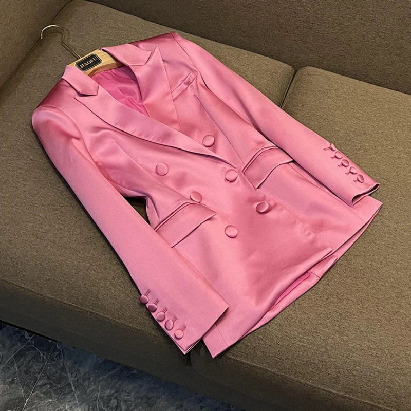 Blazer Slim Fit en satin rose, jupe couvrant les hanches, à la mode, ensemble deux pièces