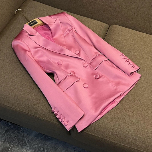 Blazer Slim Fit en satin rose, jupe couvrant les hanches, à la mode, ensemble deux pièces