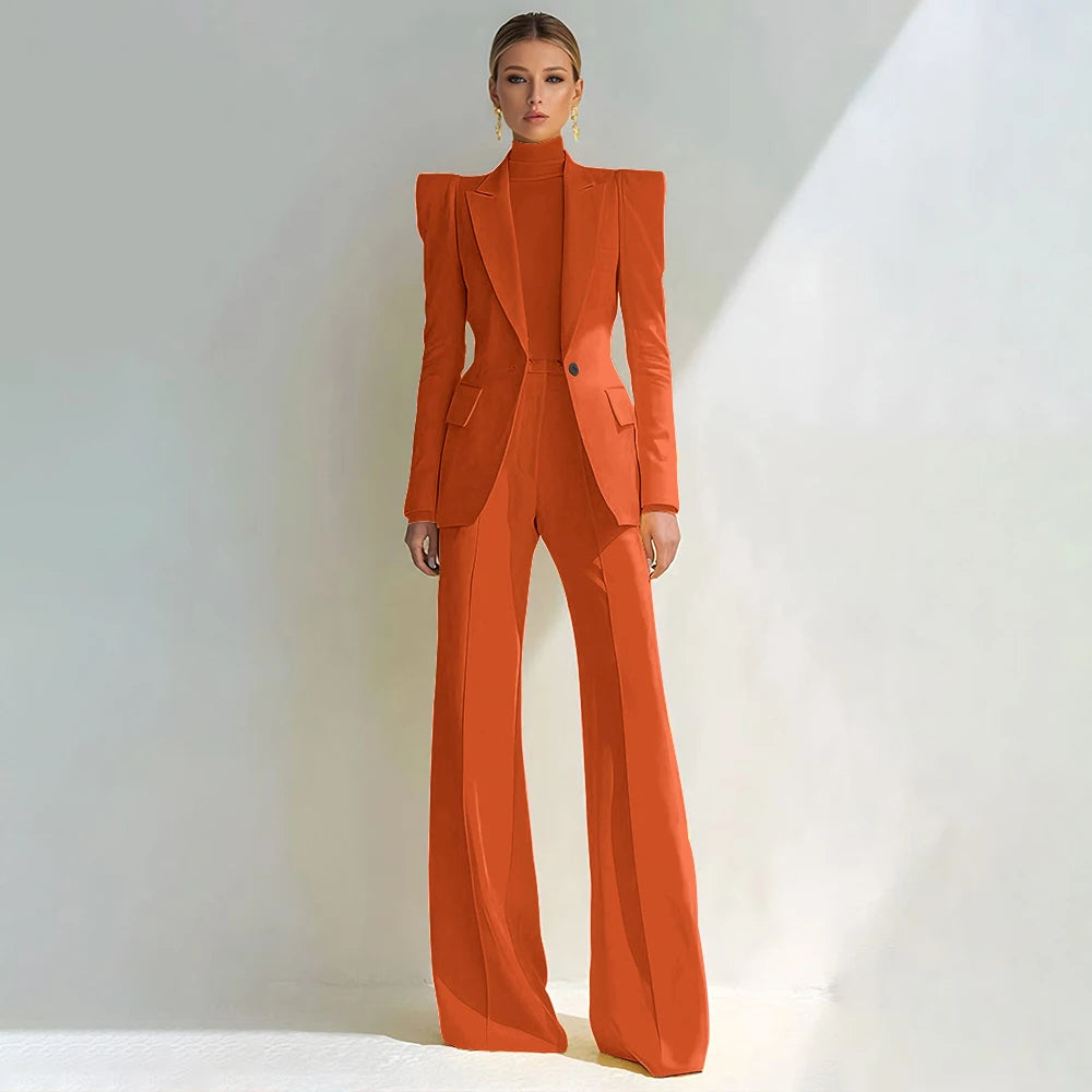 Costume rouge professionnel pour femmes, revers à pointe, bouton unique, Blazer élégant et pantalon évasé, ensemble 2 pièces, vêtements de bureau formels