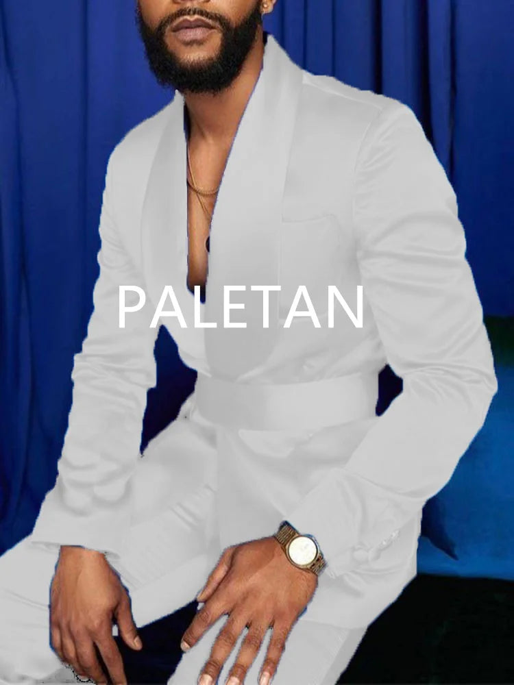 Nouvelle mode italienne argent hommes costumes Satin coupe ajustée bleu Royal brillant marié bal de mariage smoking sur mesure Blazer ensemble Costume Homme
