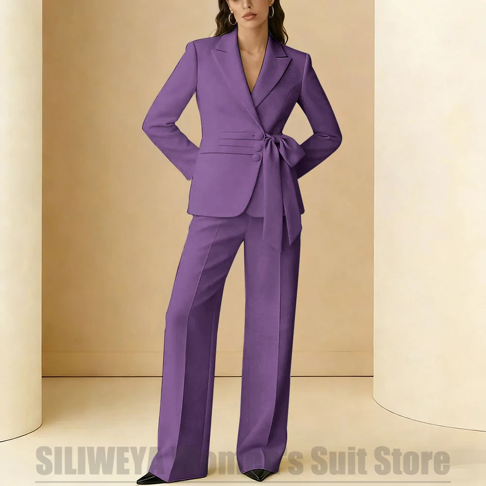 Costume 2 pièces pour femmes, Design avec ceinture à nœud, tenue formelle pour fête de mariage, bal de promo, bureau, mode, revers, costumes quotidiens décontractés pour dames