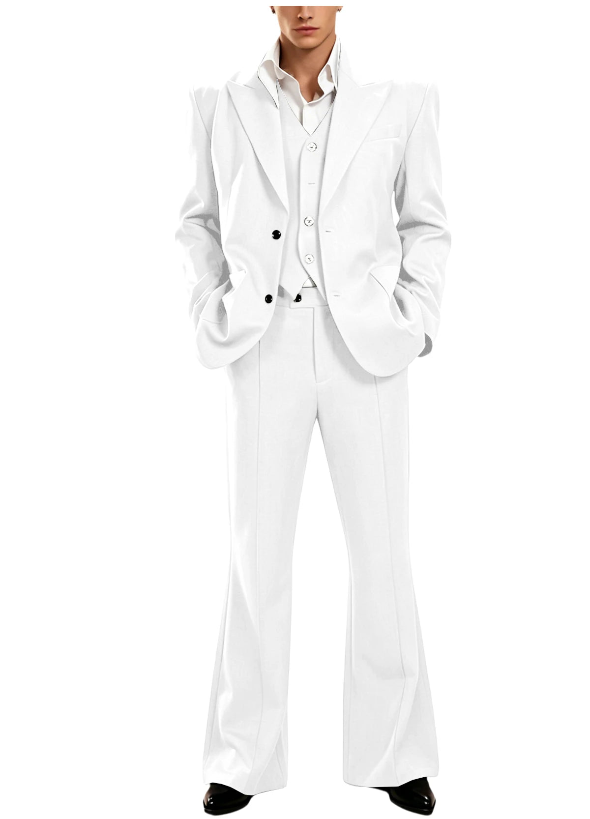 Ensemble de costume 3 pièces vintage pour homme, revers pointu, coupe ajustée, blazer croisé à 2 boutons, gilet et pantalon évasé pour occasions formelles, affaires et mariages