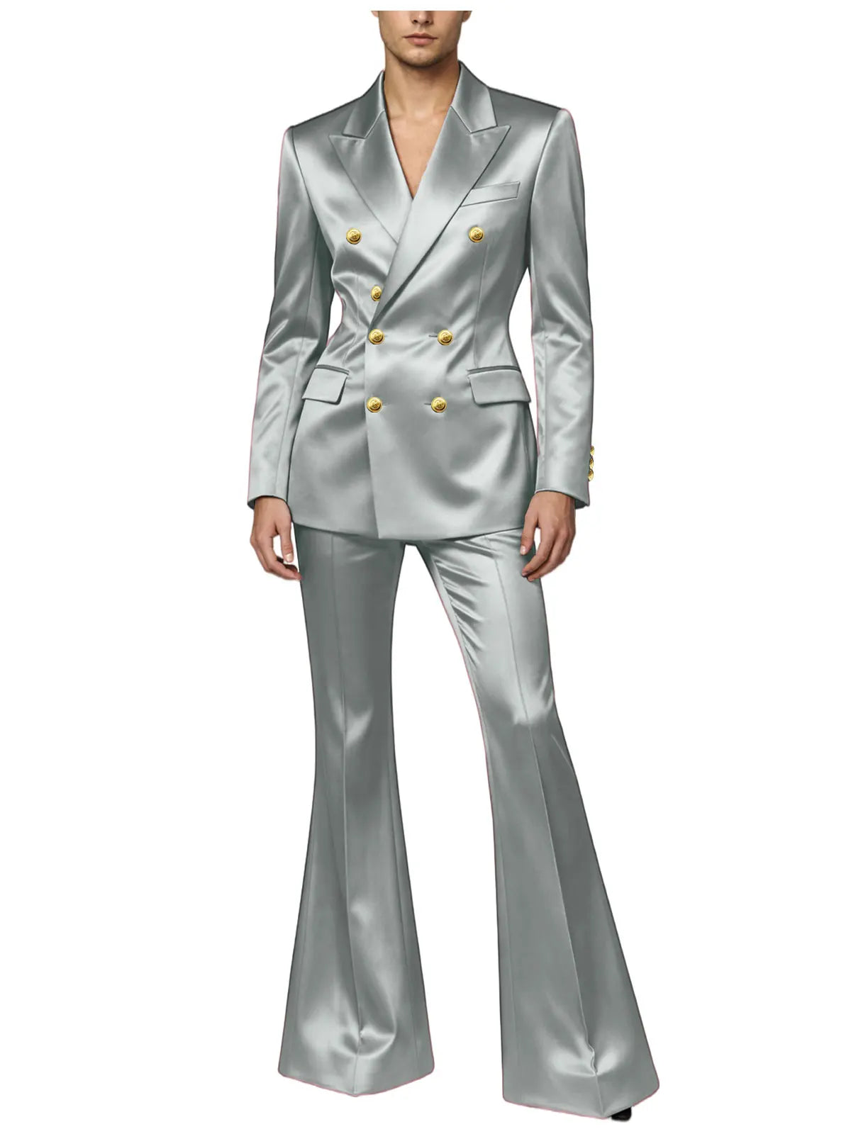 Ensemble de costume satiné croisé pour homme, 2 pièces, revers cranté, blazer à boutons dorés, pantalon évasé, tenue formelle pour mariage, bal de promo, soirée, ou marié
