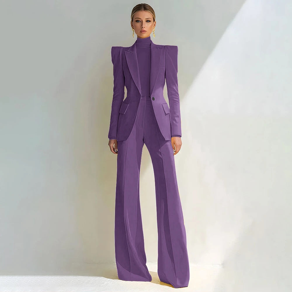 Costume rouge professionnel pour femmes, revers à pointe, bouton unique, Blazer élégant et pantalon évasé, ensemble 2 pièces, vêtements de bureau formels