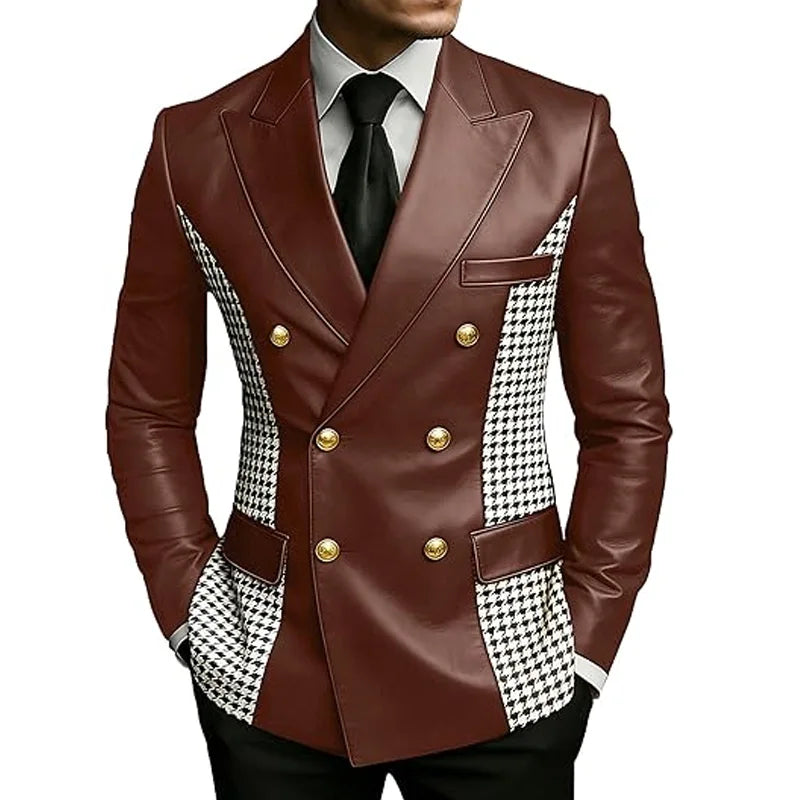 Blazer en cuir marron pour homme avec côtés à motif pied-de-poule, vintage, bicolore, double boutonnage, coupe ajustée, boutons dorés, veste de smoking en cuir