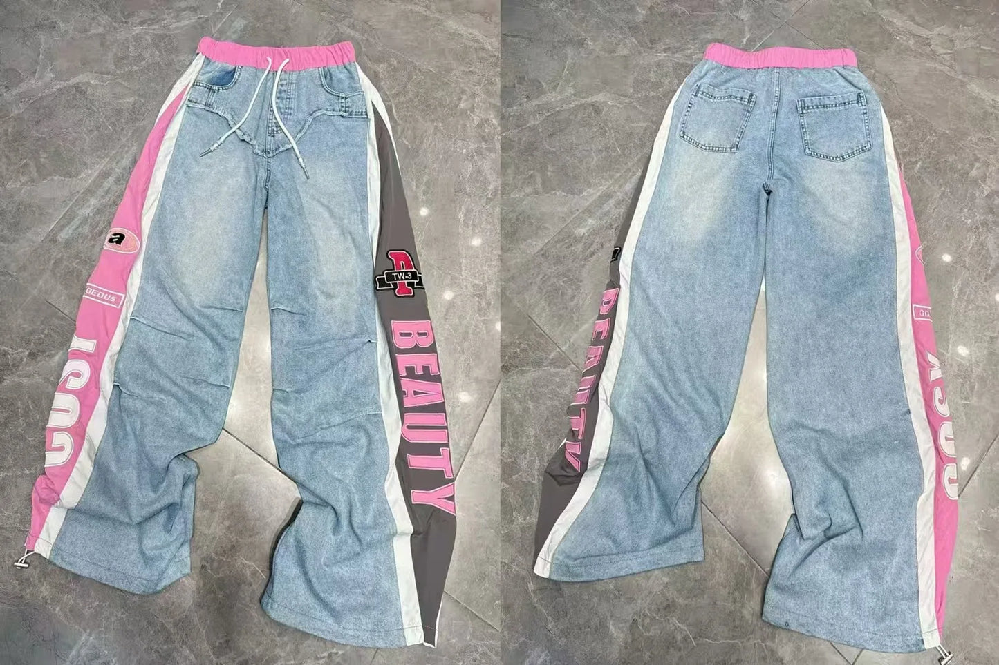 Ensemble décontracté tendance européenne pour femme, nouvelle collection printemps 2026, avec haut à manches longues en denim brodé de lettres et pantalon à taille élastique