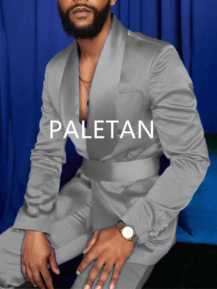 Nouvelle mode italienne argent hommes costumes Satin coupe ajustée bleu Royal brillant marié bal de mariage smoking sur mesure Blazer ensemble Costume Homme