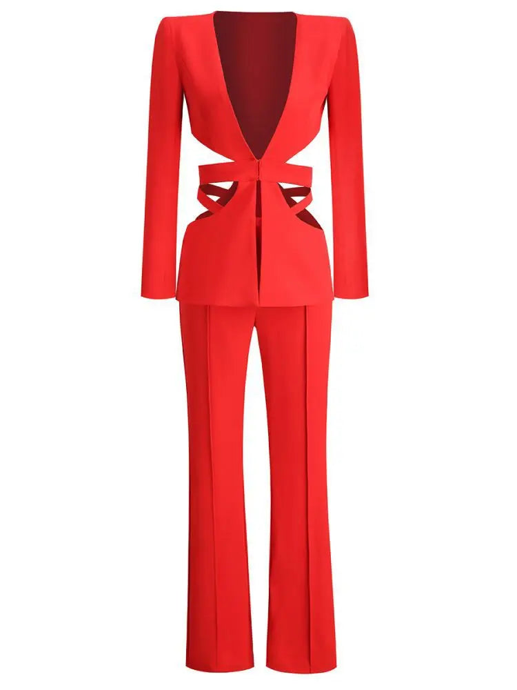 Ensembles de pantalons baggy trempés pour femmes, blazers courts à revers, veste d'automne, manches longues, taille basse, évider, fjgy, 2 pièces
