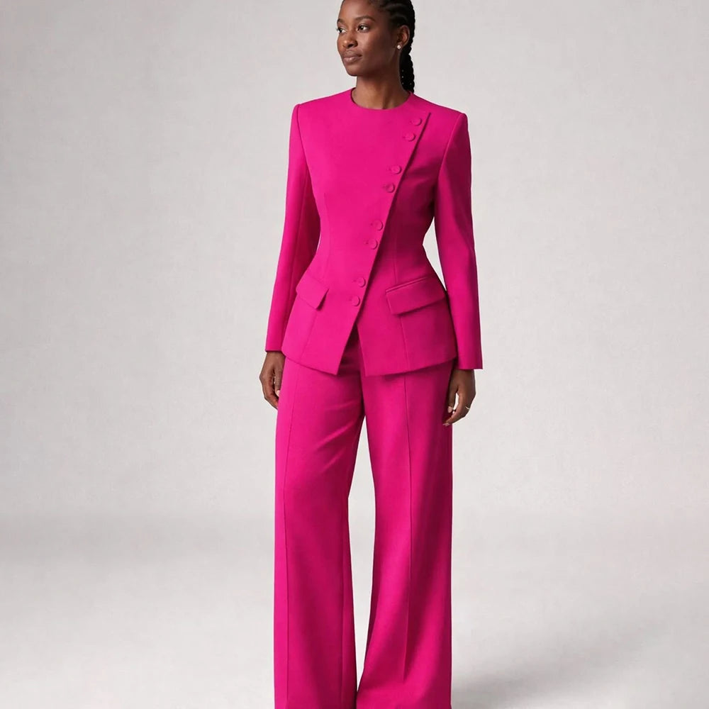 Costume de mode pour femme, blazer à simple boutonnage, col rond, longueur standard, ensemble 2 pièces veste et pantalon, tenue formelle de luxe