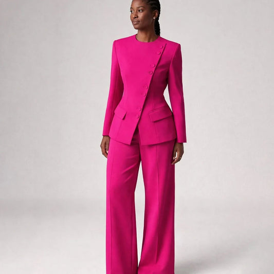 Costume de mode pour femme, blazer à simple boutonnage, col rond, longueur standard, ensemble 2 pièces veste et pantalon, tenue formelle de luxe
