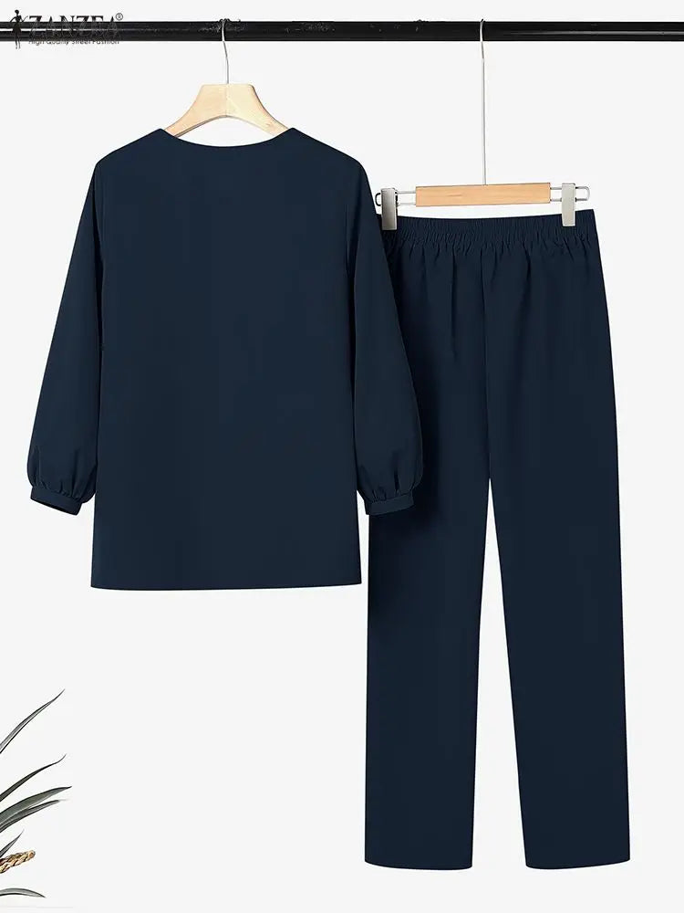 Femmes mode 2 pièces pantalon ensembles élégant col rond lanterne manches vêtements d'extérieur et crayon pantalon costumes ZANZEA printemps 2026 femme tenues