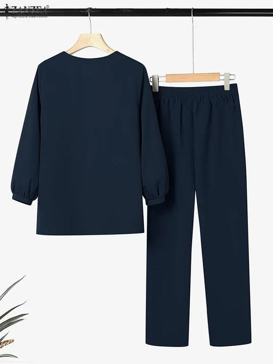 Femmes mode 2 pièces pantalon ensembles élégant col rond lanterne manches vêtements d'extérieur et crayon pantalon costumes ZANZEA printemps 2026 femme tenues