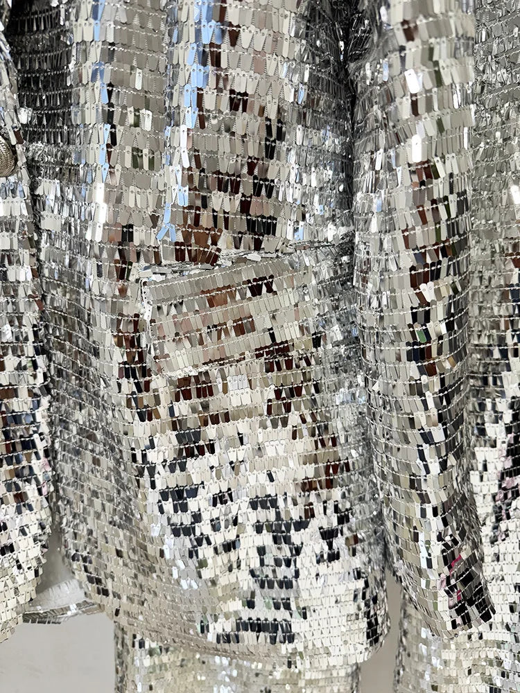 Ensemble tailleur élégant pour femme, collection 2026, avec blazer en maille à sequins et bouton unique, et pantalon – Nouveauté HIGH STREET