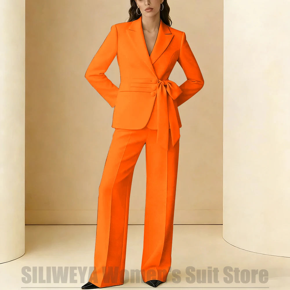 Costume 2 pièces pour femmes, Design avec ceinture à nœud, tenue formelle pour fête de mariage, bal de promo, bureau, mode, revers, costumes quotidiens décontractés pour dames