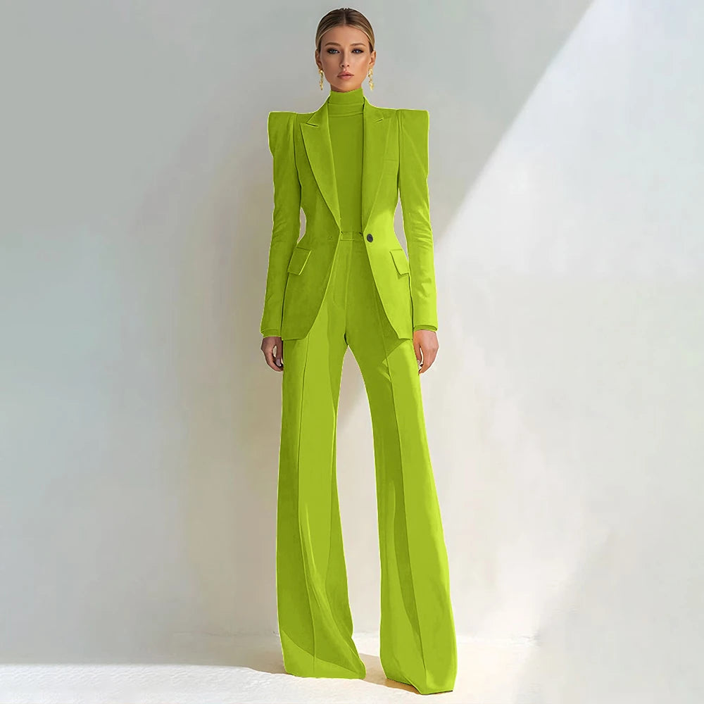 Costume rouge professionnel pour femmes, revers à pointe, bouton unique, Blazer élégant et pantalon évasé, ensemble 2 pièces, vêtements de bureau formels