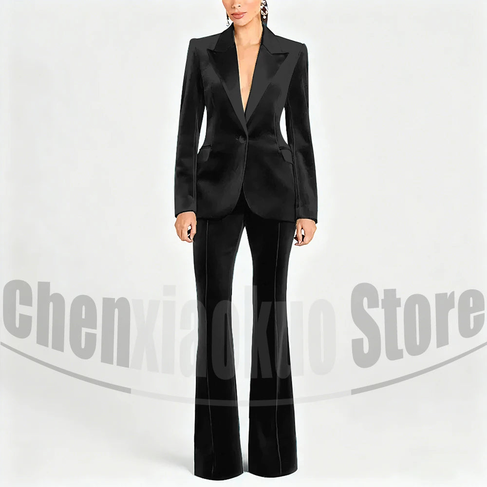 Ensemble de costume en velours pour femmes, Blazer à un bouton et pantalon évasé, vêtements de cérémonie élégants pour soirée, bal, tenue Slim, deux pièces