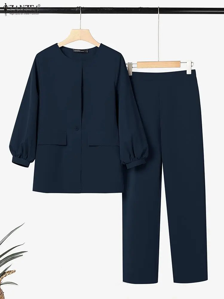 Femmes mode 2 pièces pantalon ensembles élégant col rond lanterne manches vêtements d'extérieur et crayon pantalon costumes ZANZEA printemps 2026 femme tenues