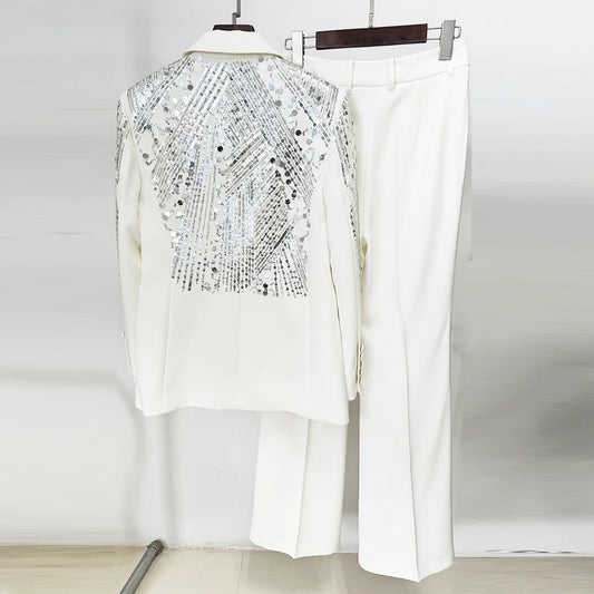 Ensemble Deux Pièces pour Femme, Blazer à Paillettes, Veste Imbibée, Jambes Larges, Pantalon Long Imbibé, Bureau, Marque de Styliste, Automne et Hiver
