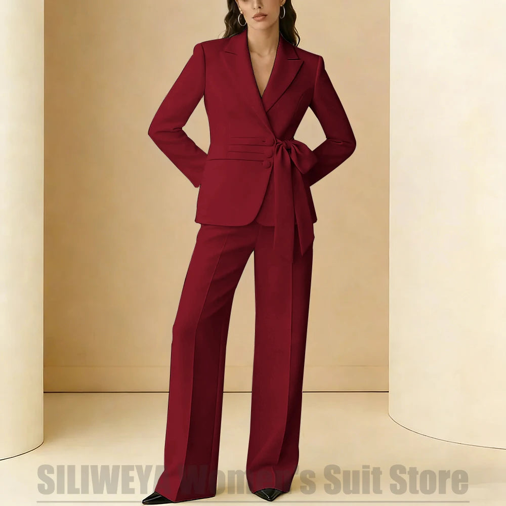 Costume 2 pièces pour femmes, Design avec ceinture à nœud, tenue formelle pour fête de mariage, bal de promo, bureau, mode, revers, costumes quotidiens décontractés pour dames