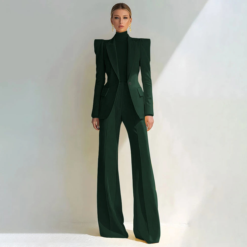 Costume rouge professionnel pour femmes, revers à pointe, bouton unique, Blazer élégant et pantalon évasé, ensemble 2 pièces, vêtements de bureau formels